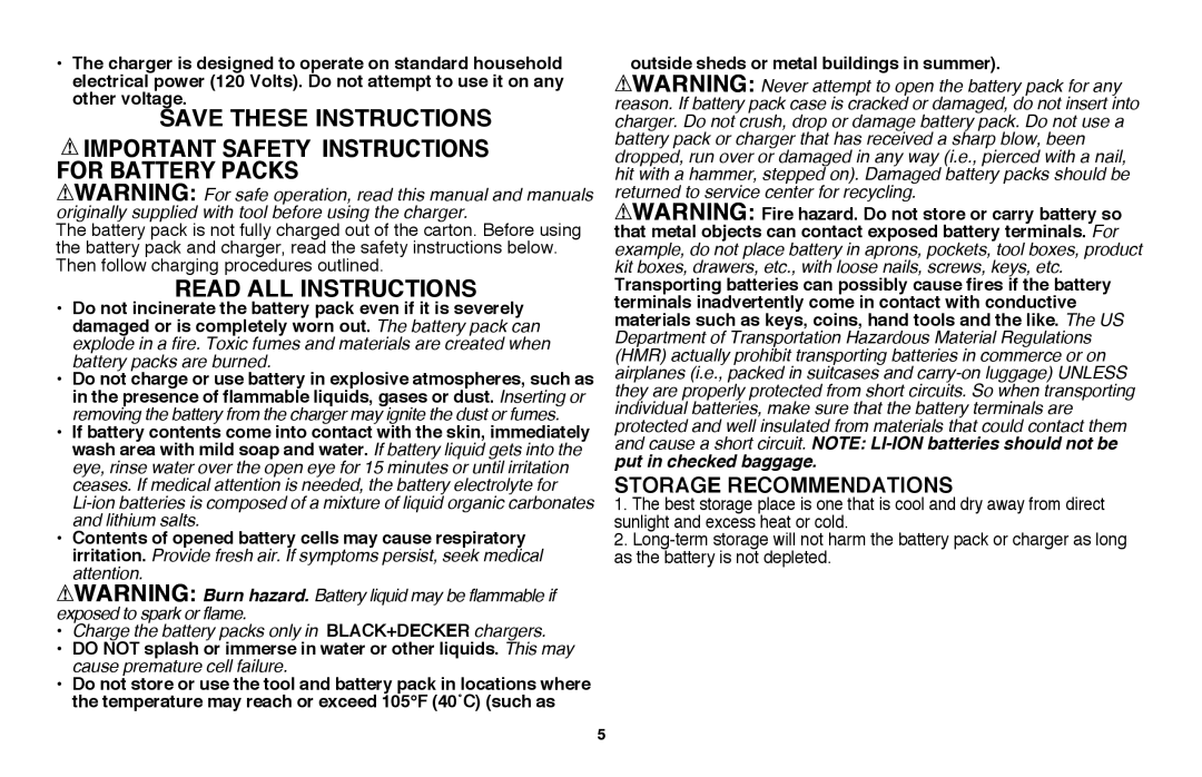 Black & Decker LST220R instruction manual For Battery Packs, Storage Recommendations 